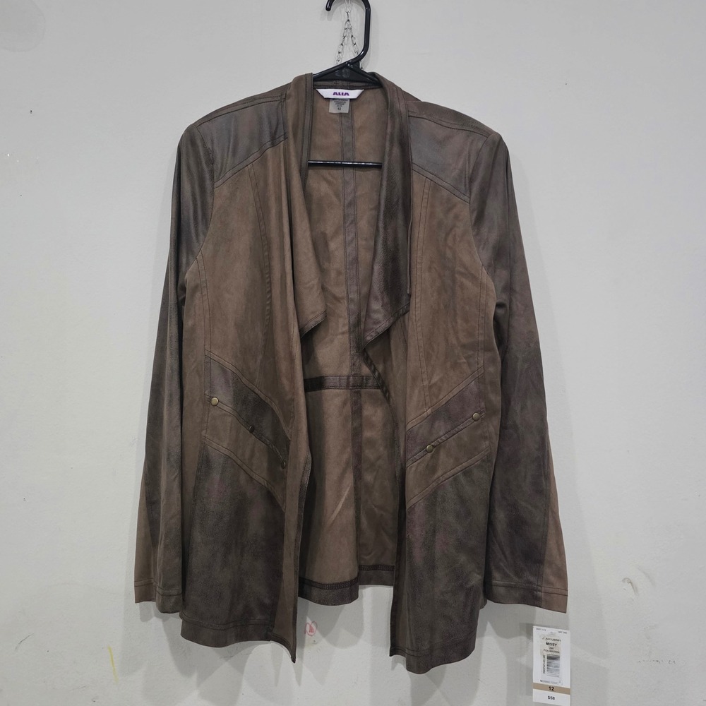 Alia Foilbrown Faux Suede Open Front Draped Jacket Missy Size 12 AH1U85W1 NWT